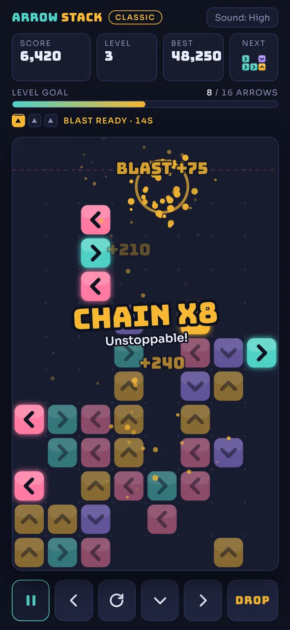 Arrow Stack gameplay: colored arrow tiles with a chain combo bursting across the board