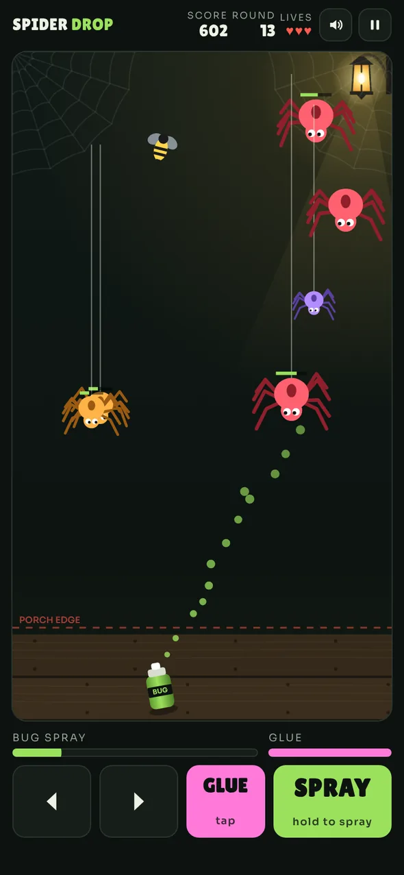 Spider Drop gameplay: spiders hang on threads above the porch while a bug-spray can sprays upward